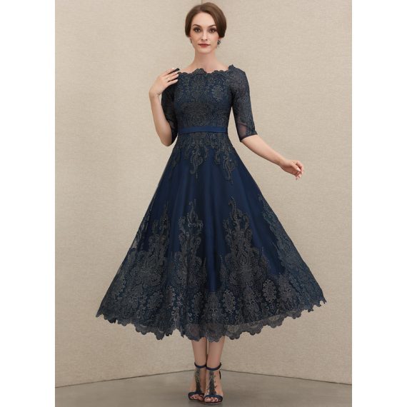 A-Line Boat Neck Tea-Length Satin Lace Evening Dress