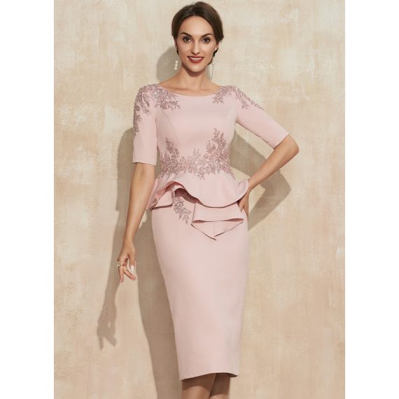 Sheath/Column Scoop Knee-length Stretch Crepe Cocktail Dress With Beading Cascading Ruffles Appliques Lace Sequins