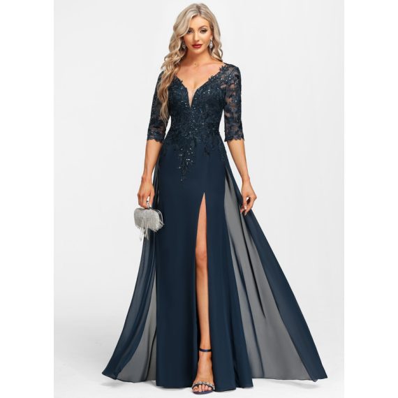 Sheath/Column V-Neck Floor-Length Chiffon Lace Mother of the Bride Dress With Sequins