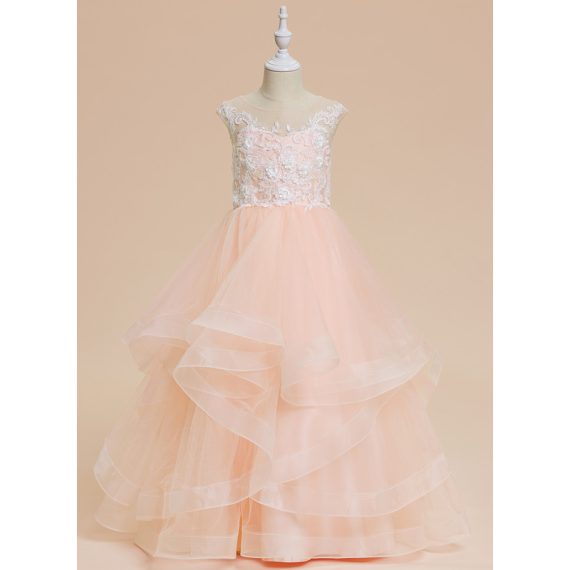 Ball-Gown/Princess Scoop Floor-Length Lace/Tulle Flower Girl Dress