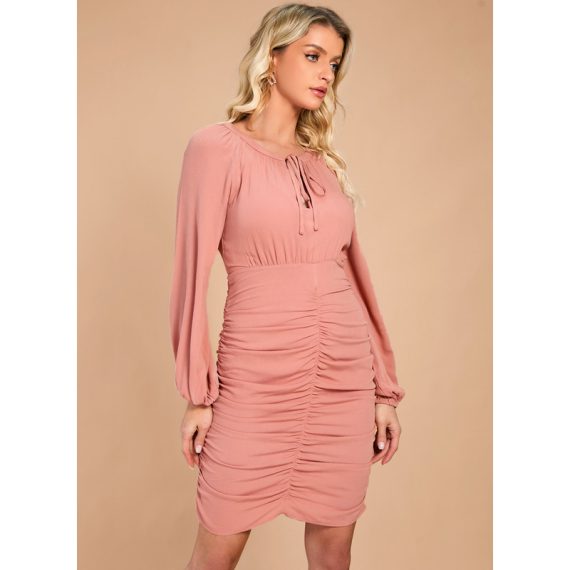 Ruffle Round Neck Long Sleeves Casual Sheath Cotton Mini Dresses
