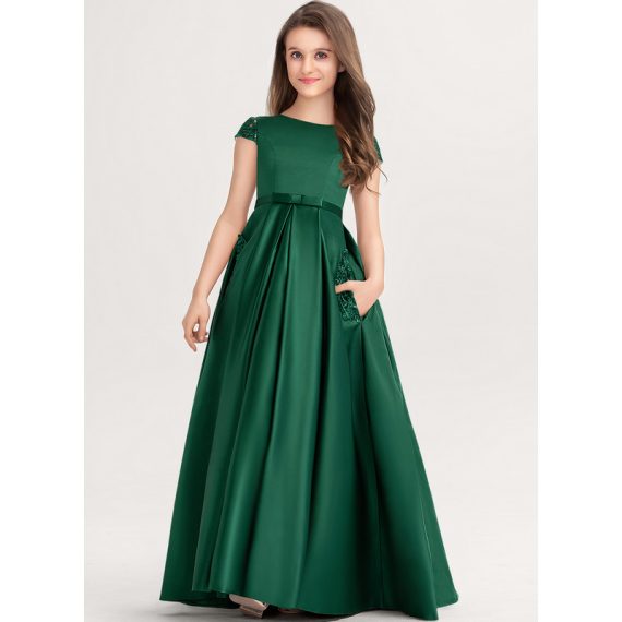 Ball-Gown/Princess Scoop Floor-length Lace Satin Junior Bridesmaid Dress With Bow