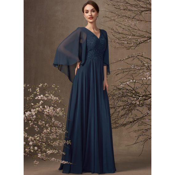 A-Line V-neck Floor-Length Chiffon Lace Mother of the Bride Dress With Beading Sequins
