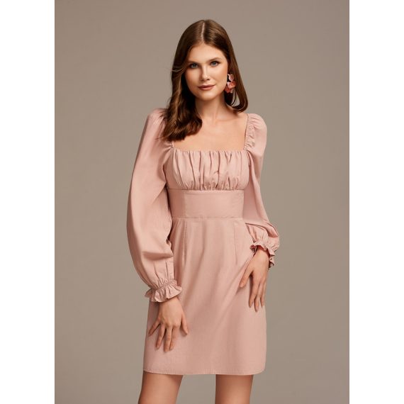 Ruffle Square Neck Long Sleeves Casual A-line Cotton Mini Dresses