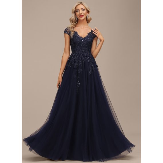 A-line V-Neck Floor-Length Lace Tulle Mother of the Bride Dress With Sequins
