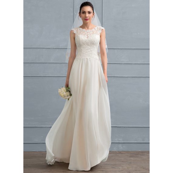 A-Line Scoop Floor-Length Chiffon Lace Wedding Dress With Beading Sequins
