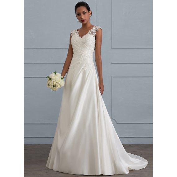Ball-Gown/Princess V-neck Sweep Train Satin Lace Wedding Dress With Ruffle Beading Sequins