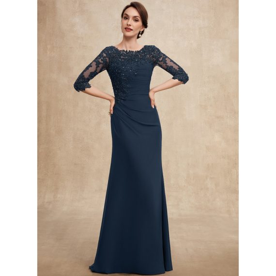 A-line Scoop Floor-Length Chiffon Lace Evening Dress With Beading Pleated Sequins