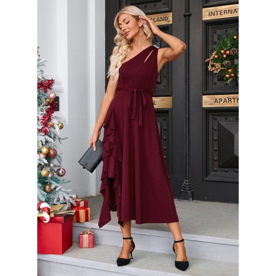 Ruffled One Shoulder Sleeveless Elegant A-line Cotton Blends Asymmetrical Dresses