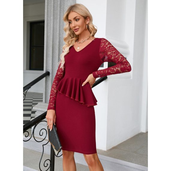 Lace Ruffled V-Neck Long Sleeves Elegant Bodycon Cotton Blends Mini Dresses