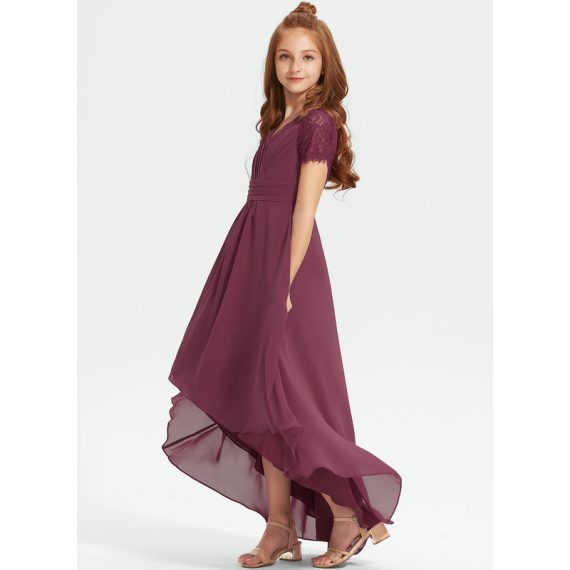 A-Line V-neck Asymmetrical Chiffon Lace Junior Bridesmaid Dress
