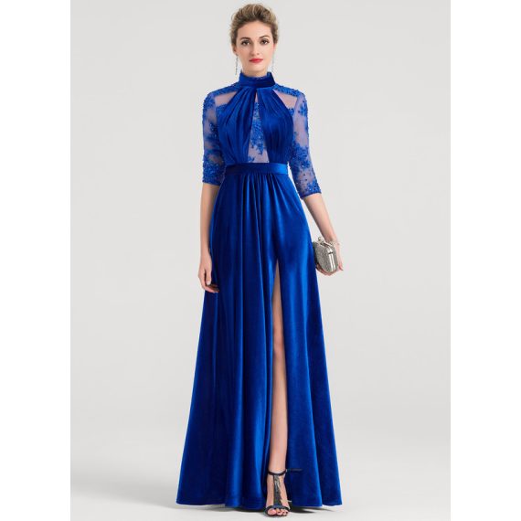 A-Line High Neck Illusion Floor-Length Lace Velvet Evening Dress With Beading Sequins Pleated