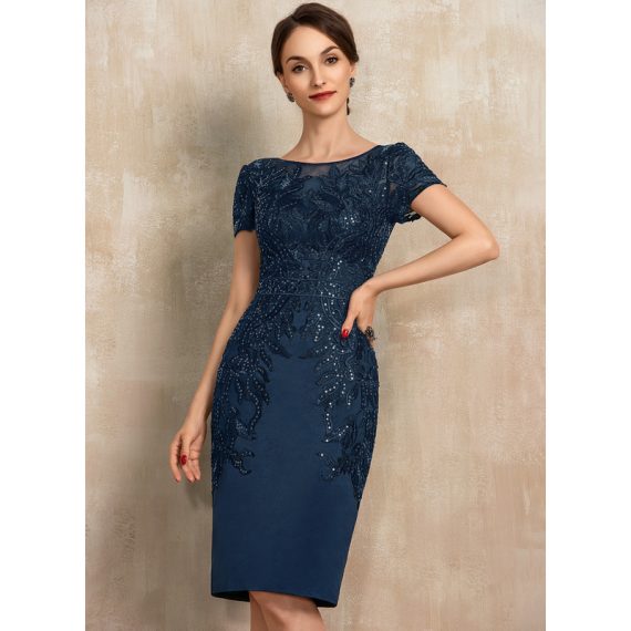 Sheath/Column Scoop Knee-Length Satin Lace Mother of the Bride Dress With Sequins