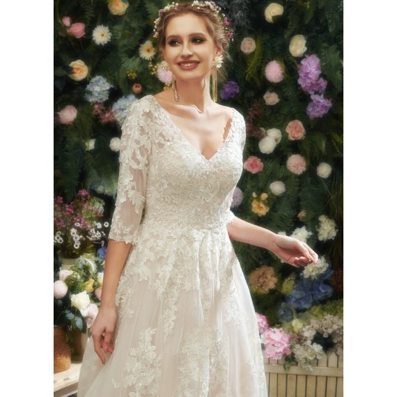 A-Line V-neck Court Train Tulle Lace Wedding Dress With Sequins