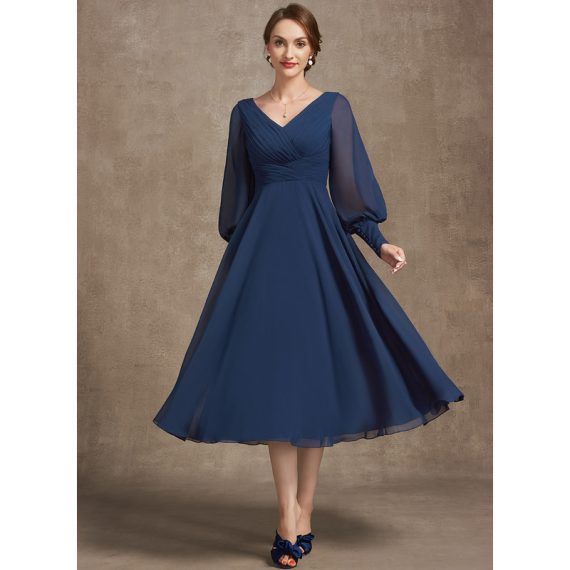 A-line V-Neck Tea-Length Chiffon Mother of the Bride Dress With Pleated