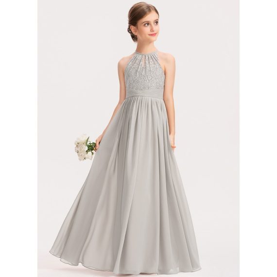 A-Line Halter Floor-Length Chiffon Lace Junior Bridesmaid Dress