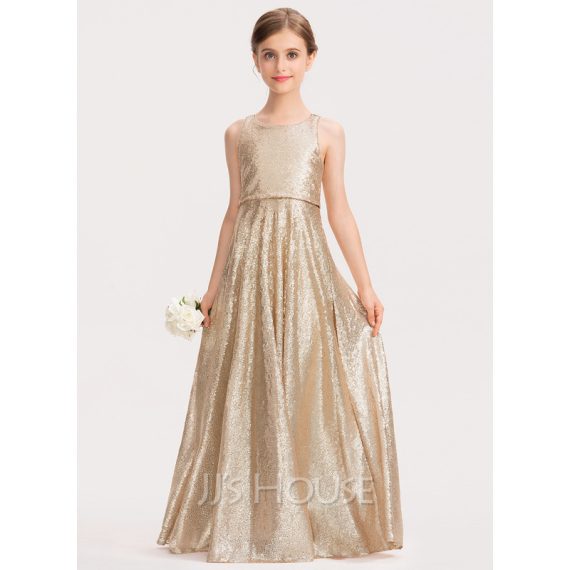 A-line Scoop Floor-Length Sequined Flower Girl Dress