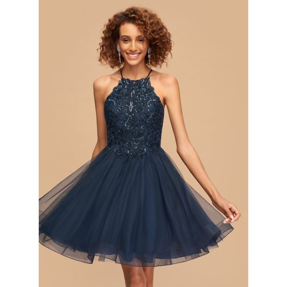 A-Line Scoop Short/Mini Tulle Lace Homecoming Dress With Sequins