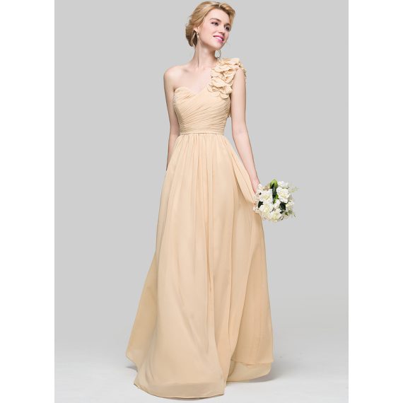 A-Line One-Shoulder Floor-Length Chiffon Bridesmaid Dress With Ruffle Flower(s)