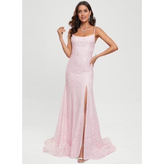 Trumpet/Mermaid Scoop Sweep Train Lace Prom Dresses With Sequins