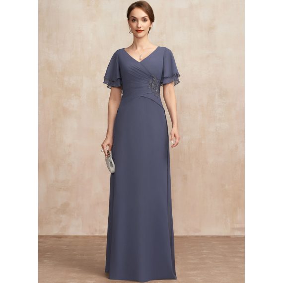 A-Line V-neck Floor-Length Chiffon Mother of the Bride Dress With Beading Pleated
