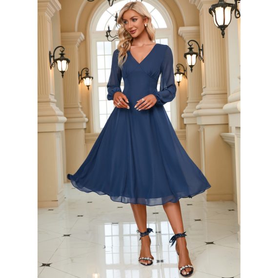 V-Neck Long Sleeves Elegant A-line Chiffon Midi Dresses