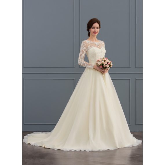 Ball-Gown/Princess Illusion Court Train Tulle Lace Wedding Dress With Beading Sequins