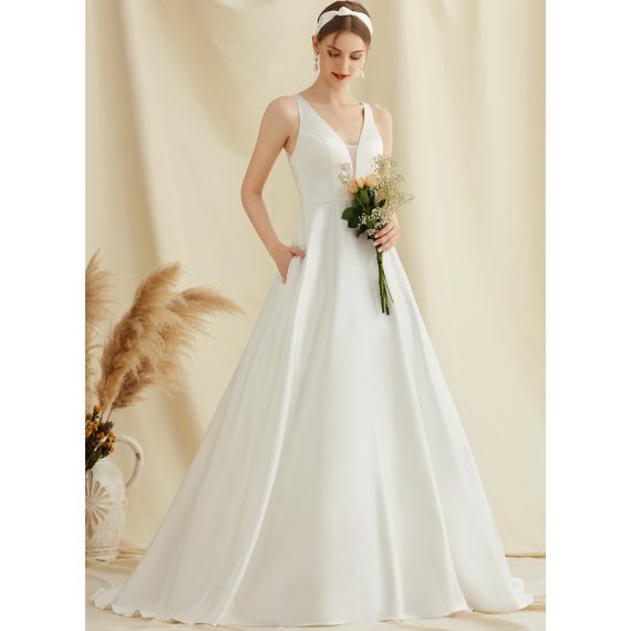Ball-Gown/Princess V-neck Sweep Train Satin Lace Wedding Dress