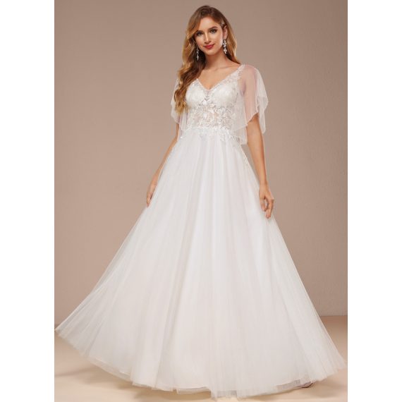 A Line V Neck Tea Length Satin Lace Wedding Dress With Ruffle Bridezillah 