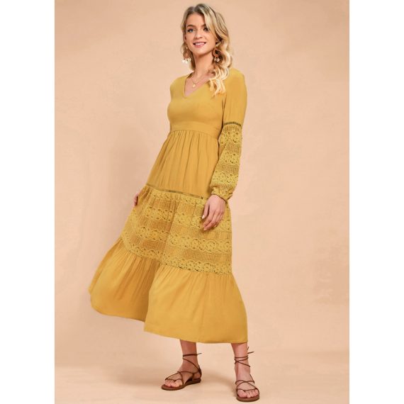 Ruffle Square Neck Long Sleeves Vacation A-line Cotton Midi Dresses