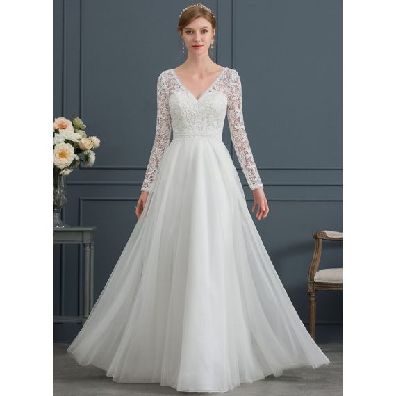 A-Line V-neck Floor-Length Tulle Lace Wedding Dress