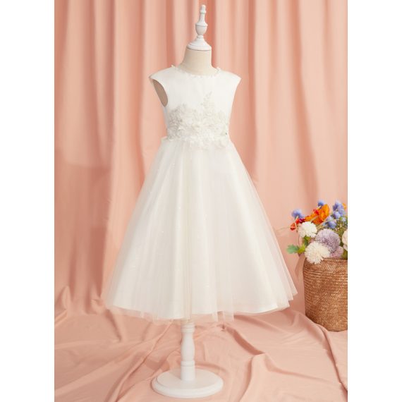 Ball-Gown/Princess Scoop Tea-Length Lace/Tulle Flower Girl Dress