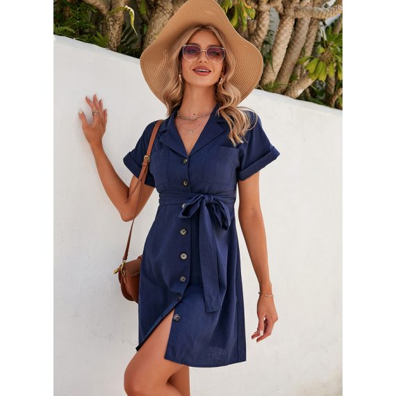 Shirt collar Short Sleeves Casual Sheath Cotton Mini Dresses