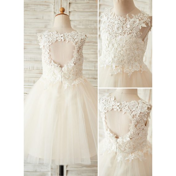 A-line Scoop Knee-Length Lace/Tulle Flower Girl Dress