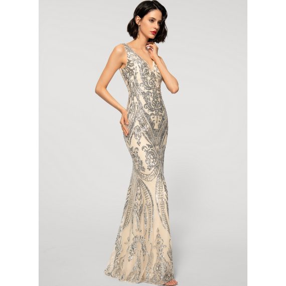 Sheath/Column V-neck Floor-Length Sequined Evening Dress