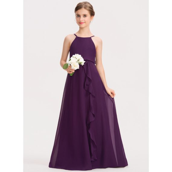 A-Line Halter Floor-Length Chiffon Junior Bridesmaid Dress With Bow(s) Cascading Ruffles