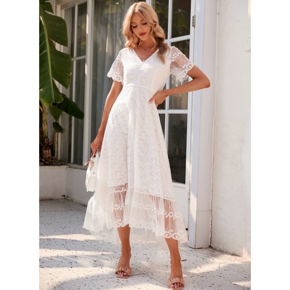 V-Neck Short Sleeves Elegant A-line Tulle Midi Dresses