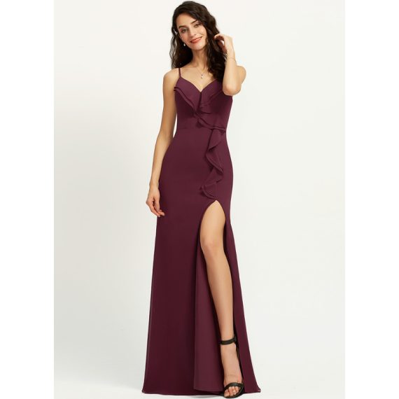 Sheath/Column V-neck Floor-Length Chiffon Prom Dresses With Ruffle