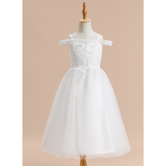 A-line Off the Shoulder Tea-Length Lace/Tulle Flower Girl Dress