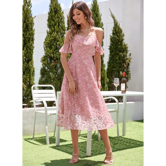 Square Neck 1/2 Sleeves Elegant A-line Lace Midi Dresses