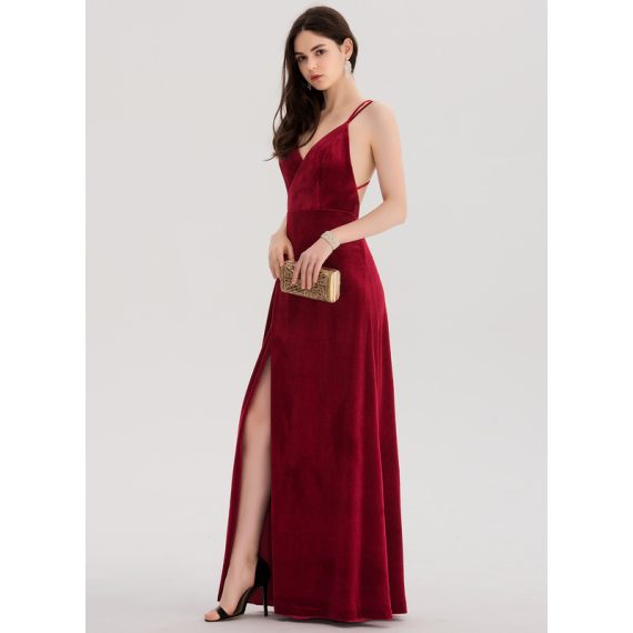 A-Line V-neck Floor-Length Velvet Prom Dresses
