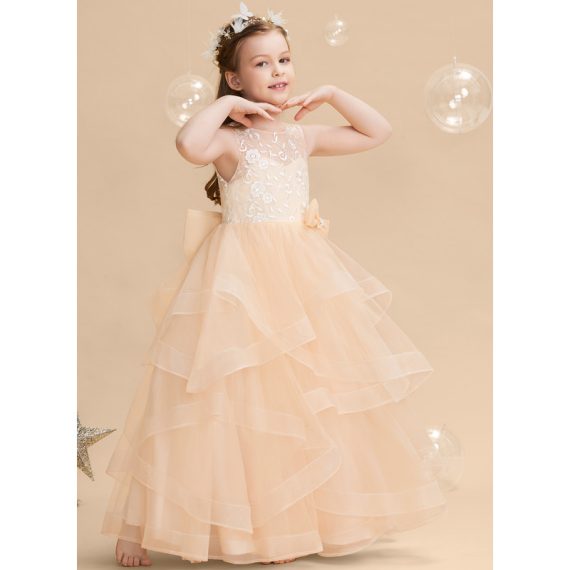 Ball-Gown/Princess Boat Neck Floor-Length Lace/Tulle Flower Girl Dress