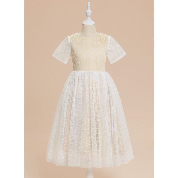 A-line Scoop Tea-Length Lace Flower Girl Dress