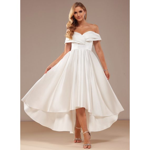 A-line Off the Shoulder Asymmetrical Satin Wedding Dress