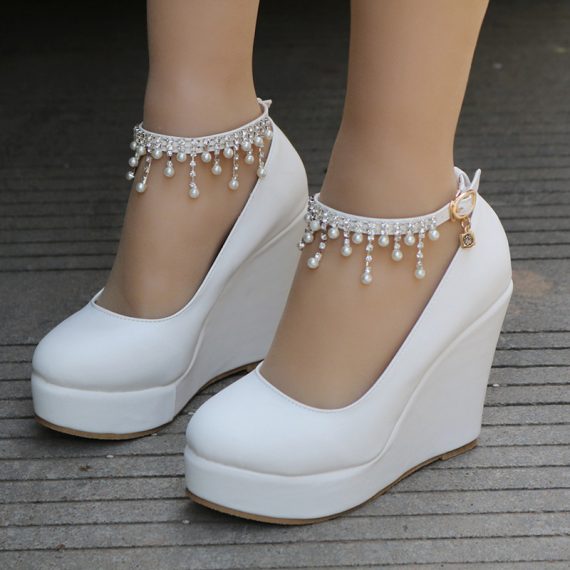 Women's Leatherette Wedge Heel High Heel Closed Toe With ankle strap Pearl & Imitation Pearl Chain