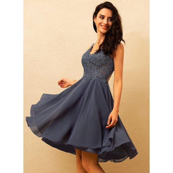A-line V-Neck Short/Mini Chiffon Lace Cocktail Dress With Beading