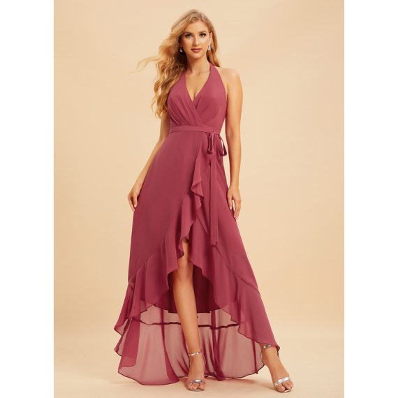 A-Line Halter Asymmetrical Chiffon Bridesmaid Dress With Ruffle