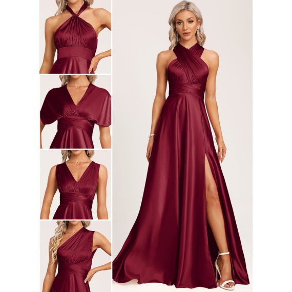 A-line Halter One Shoulder V-Neck Floor-length Satin Bridesmaid Dress