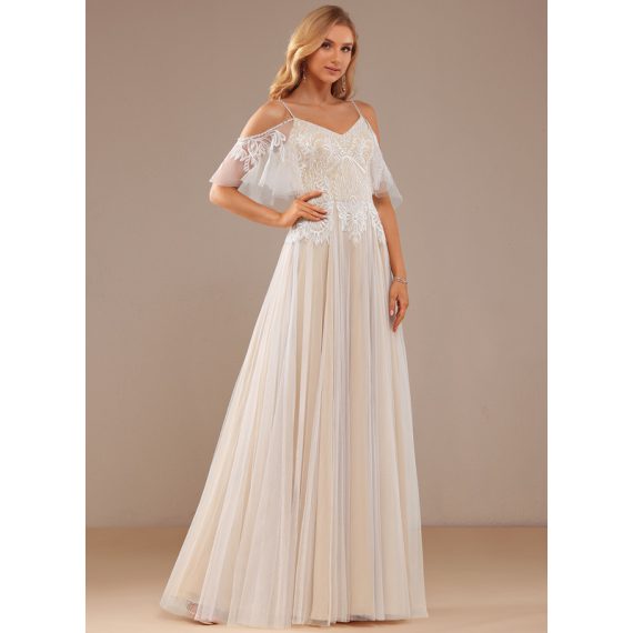 A-line V-Neck Floor-Length Lace Tulle Wedding Dress With Beading Ruffle Sequins