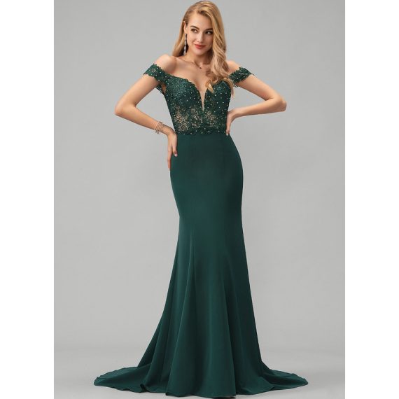 Trumpet/Mermaid Off-the-Shoulder Sweep Train Stretch Crepe Prom Dresses With Beading Sequins